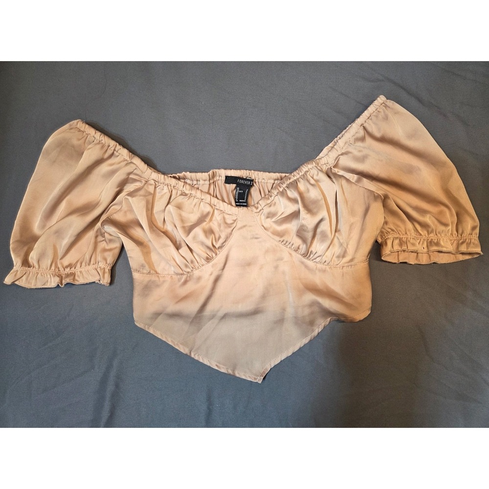 608 Off Shoulder Forever 21 Women's Small Satin Champagne Beige Off Shoulder...